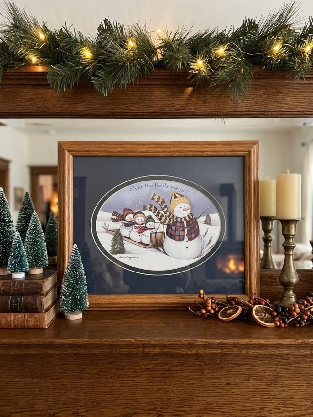 Vintage Laurie Krogsdale Snowman Framed Print "Over the Fields We Go!"